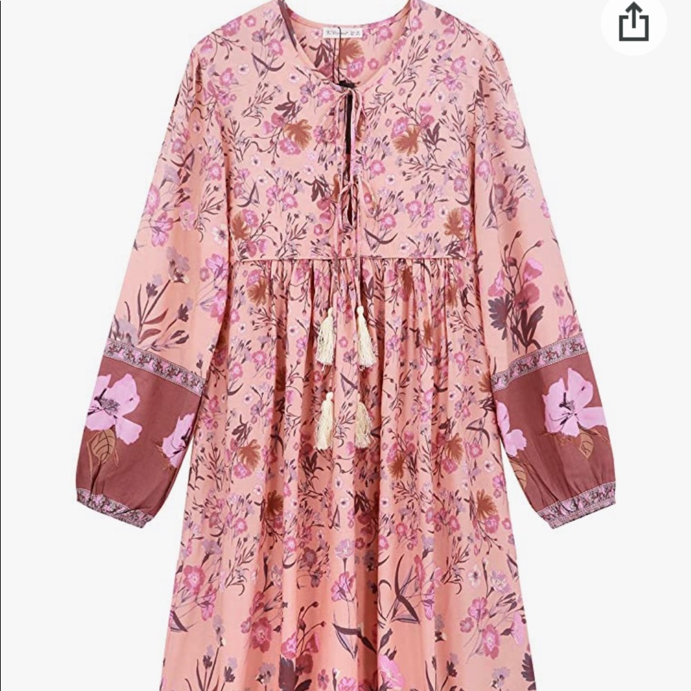 R.Vivimos XS pink wild bloom floral peasant gypsy boho dress long sleeve tassels